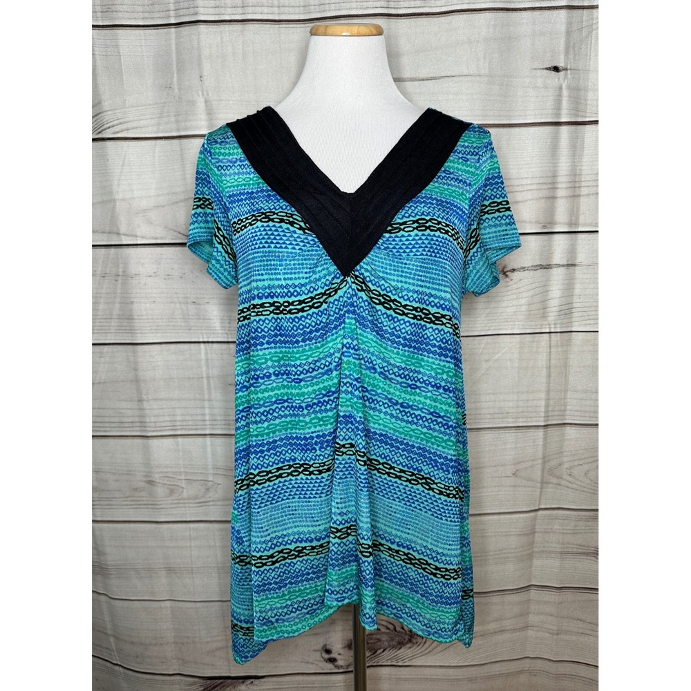 Jaclyn Smith Tunic Top Womens Large Blue Green Geometric V-Neck Sharkbite Hem